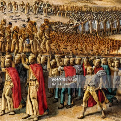 Prompt: the army of ancient Israel marching behind the ark of the covenant around the walls of ancient Jericho, 8k high detail