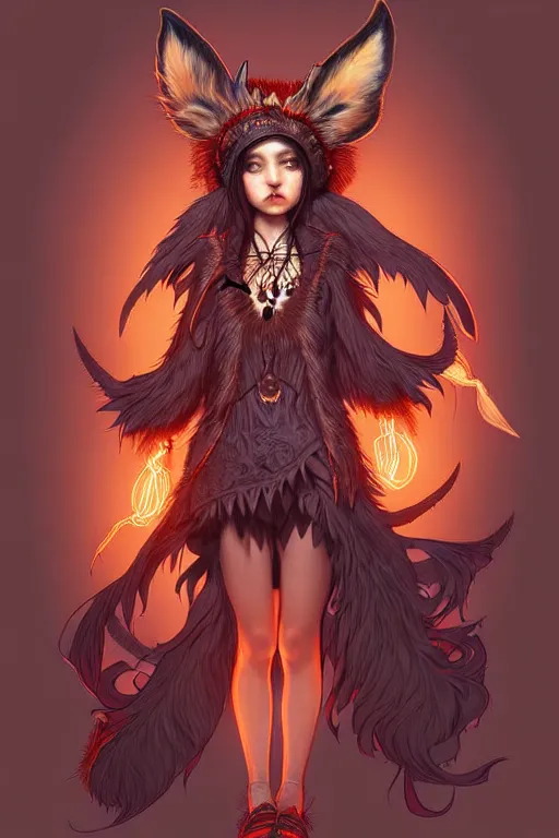 Image similar to digital art, centered full body of an Witch girl with fox headdress ,intricate, by James Jean and by artgerm , by ross tran, ultradetailed, charachter design, concept art, trending on artstation,