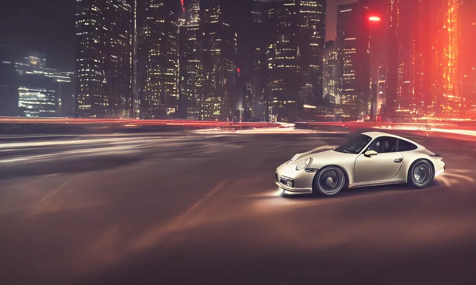 Image similar to photo of a porsche 911 at night drifting through a city, octane render, cinematic, 4k, long exposure photography, tokyo drift, fast and furious, film still, night photography, motion blur, lens flare, movie shot, light trail, distortion, wide angle