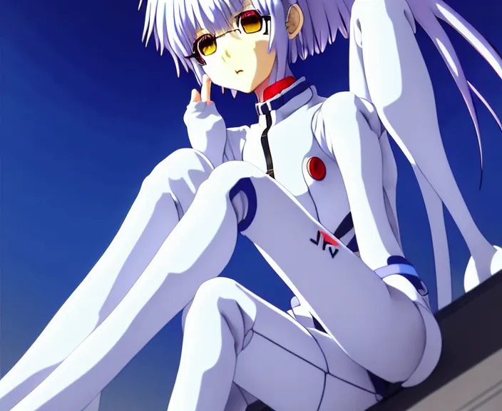 Image similar to anime art, fullbody shot of female rei ayanami, evangelion, long blue hair and large eyes, finely detailed perfect face, in a pale skintight plugsuit, sitting on rooftop, flooded city, trending on pixiv fanbox, by ilya kuvshinov, sola digital arts,, raytracing