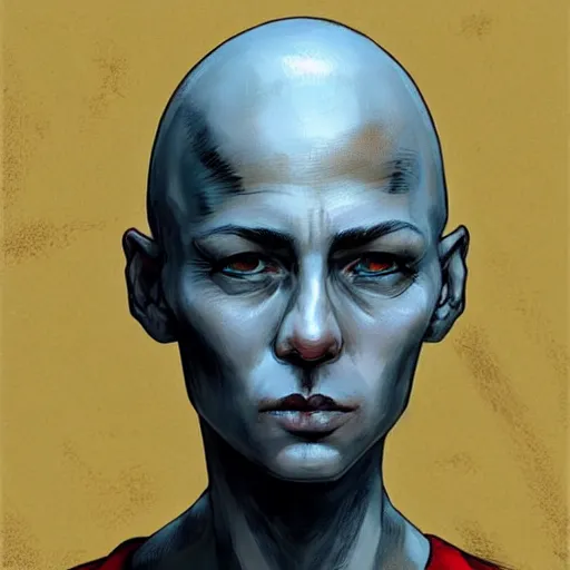 Prompt: intricate portrait, pure skin, bald, short blue hair, in the style of enki bilal!