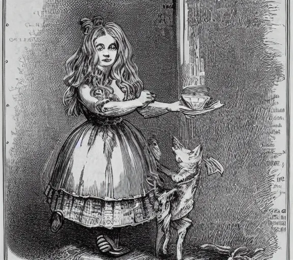 Image similar to Tenniel illustration portrait of Alice, walking in wonderland