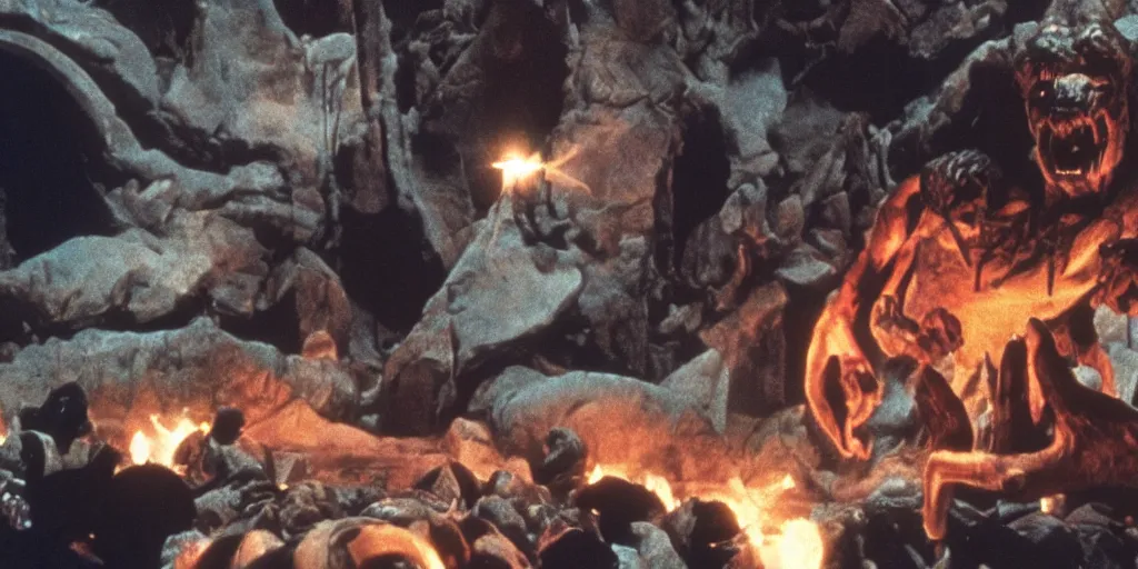 Image similar to A full color still from a Stanley Kubrick film featuring a Balrog in Moria, practical effects, 35mm, 1975