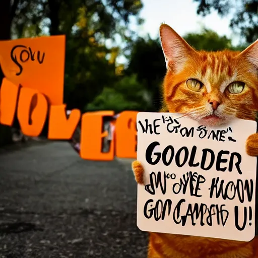 Image similar to cute orange tabby cat holding a sign that says