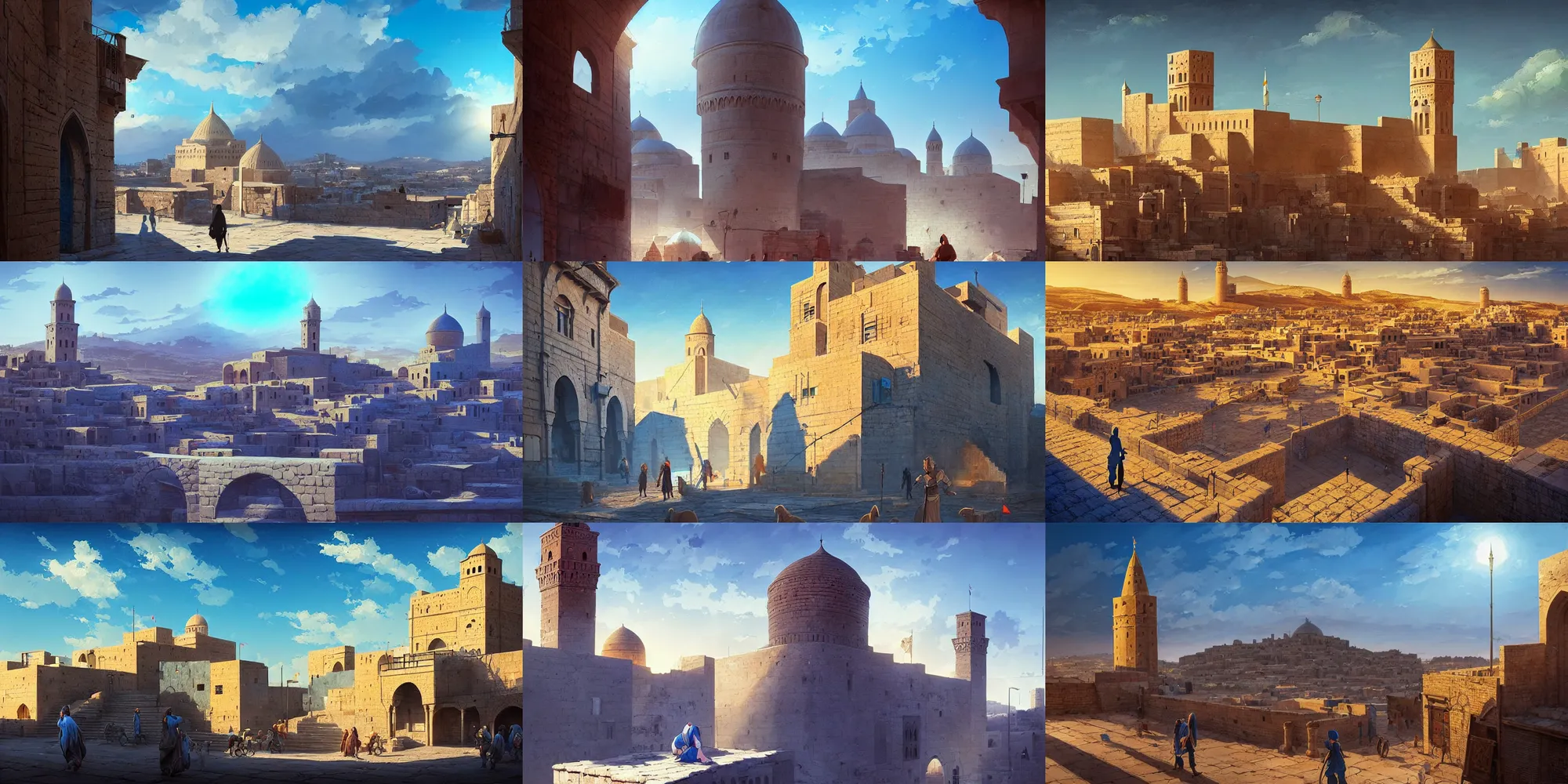 Prompt: artstation scene, citadel of erbil, old town mardin, kurdistan, bright blue sky, light bloom, atmospheric, dynamic ultrawide angle, dutch tilt, cinematic composition, detailed textures, painterly concept art by jordan grimmer, sparth