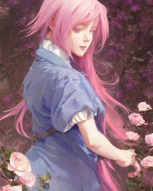 Image similar to blue eyed pink haired anime girl, roses everywhere, highly detailed, digital painting, artstation, concept art, smooth, sharp focus, illustration, art by artgerm and greg rutkowski and alphonse mucha