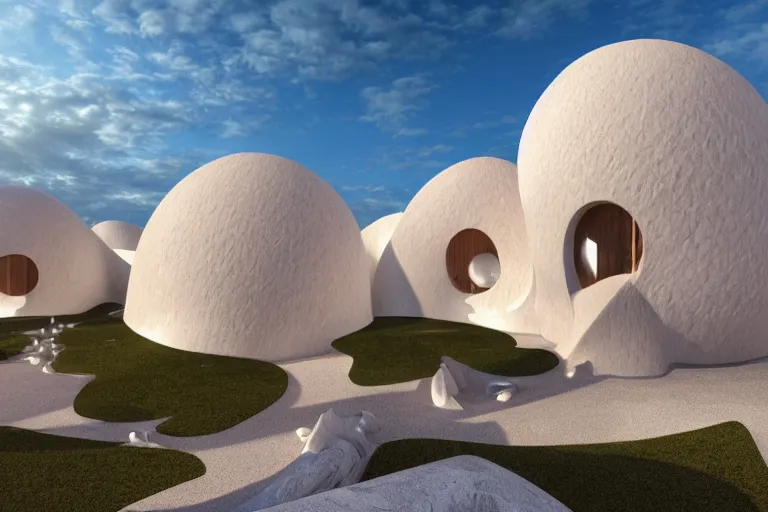 Image similar to palais bulles architecture is formed by the intersection of many white egg shaped spherical spaces. on the calm lake, people's perspective, future, interior wood, marble, award winning, highly detailed 4 - k art, dusk, unreal engine highly rendered, global illumination, radial light, internal environment