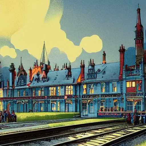 Image similar to a mother is waving her children off as a steam departs from an 18th centaury train station in England. Bright colours, illustrated in the style of François Schuiten, highly detailed, matte painting, illustration, concept art, cinematography