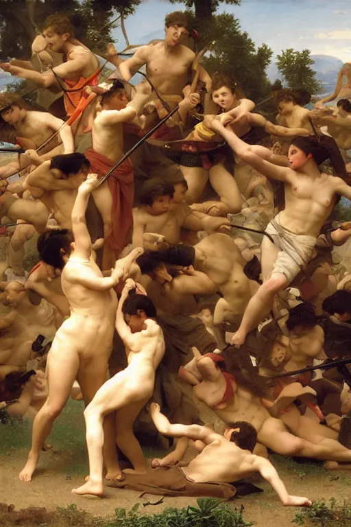 Image similar to battling Spartans against wolves in the style of  William Adolphe Bouguereau