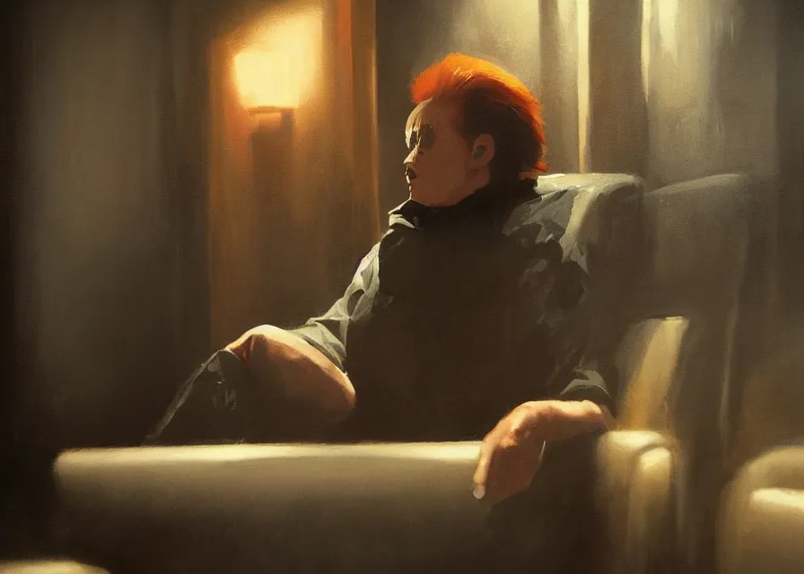 Image similar to painting of Michael Myers sitting in a movie theater seat eating popcorn, sharp focus, face focused, trending on ArtStation, masterpiece, by Greg Rutkowski, by Ross Tran, by Fenghua Zhong, octane, soft render, oil on canvas, moody lighting, high contrast, cinematic, professional environmental concept art