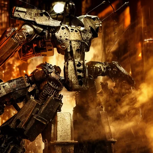 Image similar to closeup of mecha with surface of knives and forks, dark messy smoke - filled cluttered workshop, dark, dramatic lighting, orange tint, cinematic, highly detailed, sci - fi, futuristic, movie still from blade runner