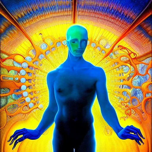 Image similar to realistic extremely detailed portrait painting of a glowing male silhouette, futuristic sci-fi landscape on background by Jean Delville, Amano, Yves Tanguy, Alphonse Mucha, Ernst Haeckel, Edward Robert Hughes, Roger Dean, rich moody colours, blue eyes