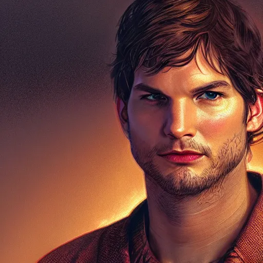 Image similar to a beautiful and detailed portrait of ashton kutcher as deckard cain, viewed in profile from far away, ultrawide lens, art by artgerm and greg rutkowski and alphonse mucha, volumetric lighting, octane render, 4 k resolution, trending on artstation, masterpiece