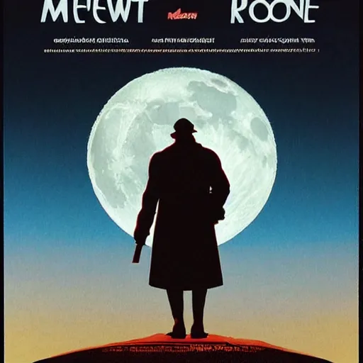 Prompt: movie poster of menacing figure with a cleaver standing in the middle of a road, night, large moon in the sky, by drew struzan