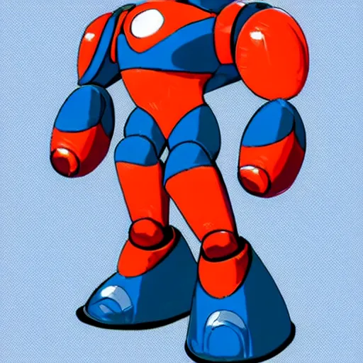 Prompt: His armor, however, resembles that of most other Robot Masters in that it's a skintight bodysuit with large rounded coverings on the lower arms and legs, and typical 'superhero briefs'. Mega Man's primary color is light blue with a dark blue 'trim' (his arms, legs, helmet and 'briefs'). His helmet has a raised light blue square in the forehead and a light blue ridge running straight back from the square, resembling an exclamation mark. His helmet also features round light blue sections with red circles in the center over his ears. He also has red circles in his Mega Buster and below his feet., Megaman series