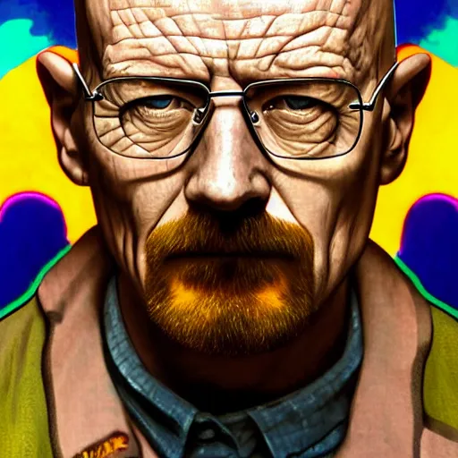 Prompt: high quality illustration, walter white realistic portrait, by etam cru, cyberpunk, alphonse mucha, riot game, beautiful, epic camera, alexandre bourlet, colorful background, arcane, lois van baarle, league of legend, digital painting, james jean, dynamic colors, greg rutkuwsky, artstation, concept art, neon