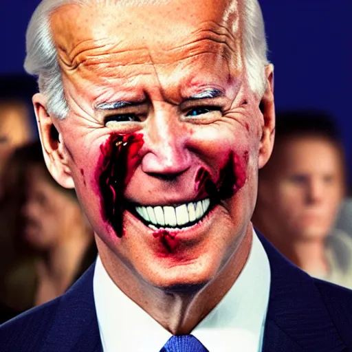 Image similar to joe biden smiling with blood in his face while behind him the world is burning, dramatic lighting, cinematic, establishing shot, extremly high detail, photorealistic, cinematic lighting, artstation, style by James Gurney