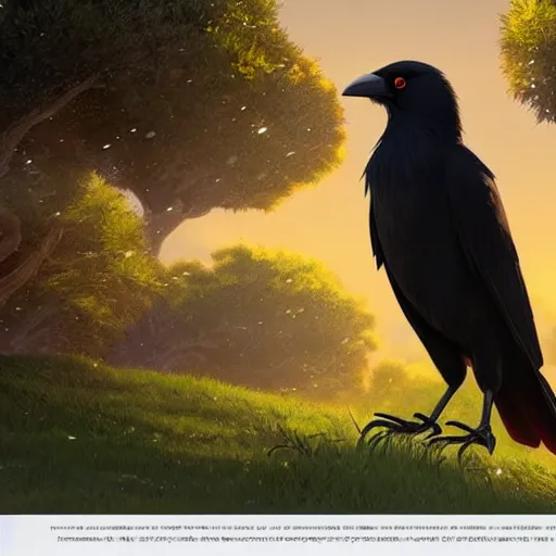 Image similar to a wholesome animation key shot of a crow on a hill, studio ghibli, pixar and disney animation, sharp, rendered in unreal engine 5, anime key art by greg rutkowski, bloom, dramatic lighting