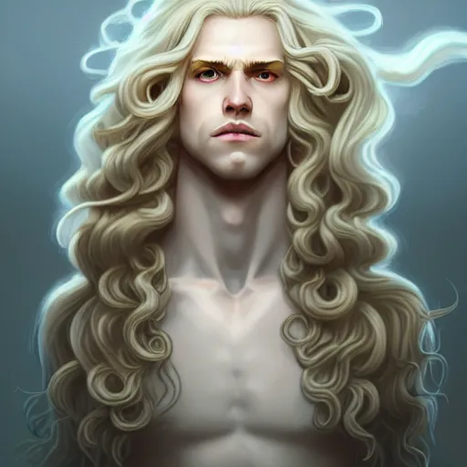 Image similar to Lucius the pale blond androgynous god of the sun, highly detailed, very very very long curly blond hair, extremely luscious curly blond hair, baroque curls, very very very pale white skin, digital painting, artstation, concept art, soft light, sharp focus, illustration