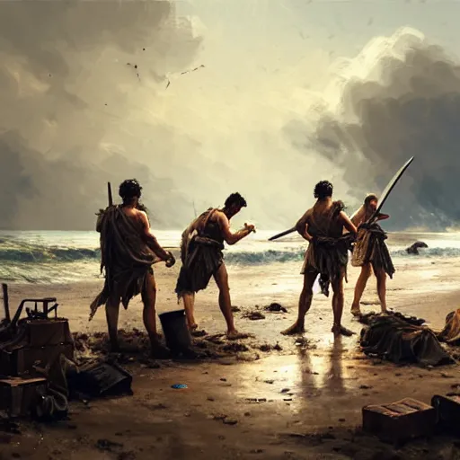 Image similar to a band of roman soldiers washing up on a sandy shore, tattered clothing, fragments of wood, crashing waves, by greg rutkowski, heroic, soaking wet, bright sun, calm sky, dramatic, realistic, detailed, ancient, artstation, artgerm, digital painting