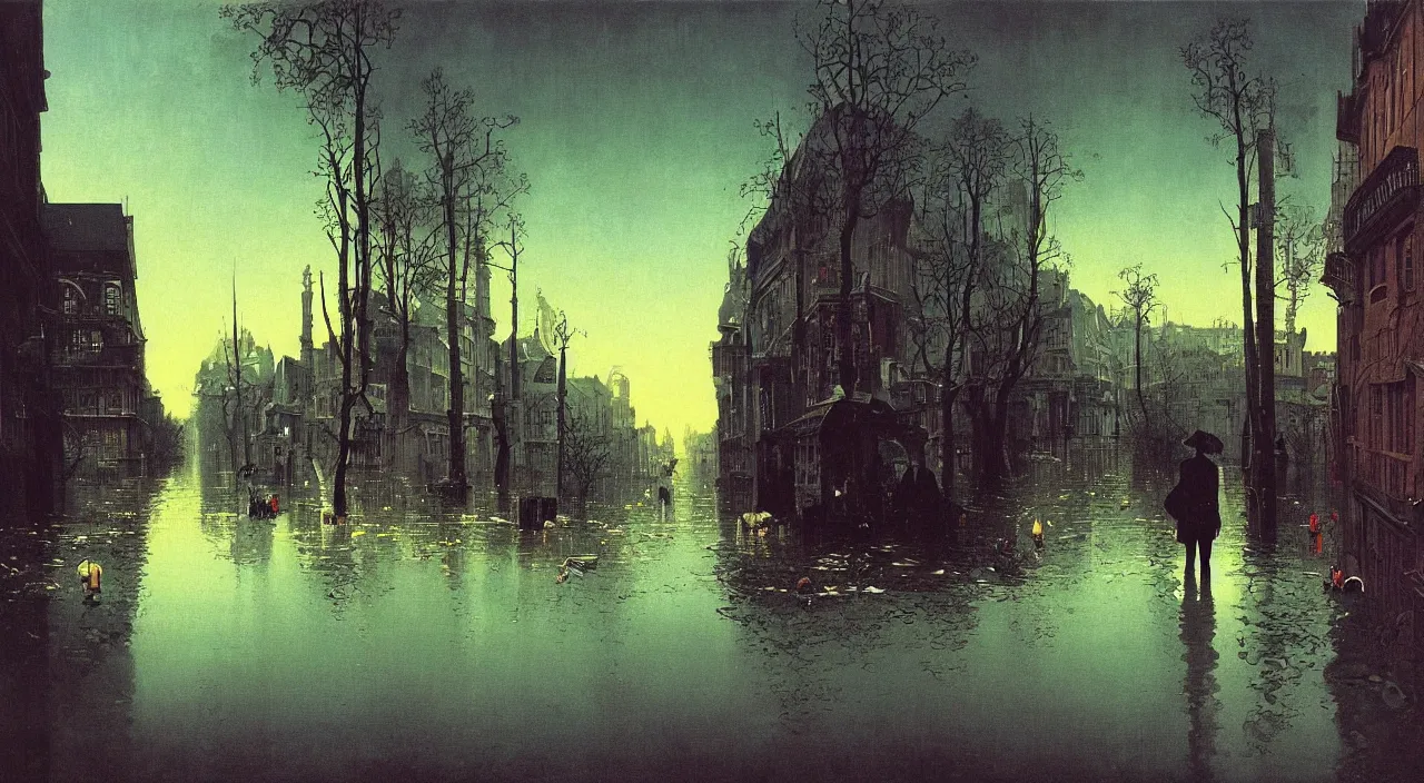 Prompt: very coherent and colorful high contrast!! painting of a flooded empty! street by bruce pennington carl spitzweg rene magritte, full - length view, hard black shadows, vivid colors, symmetry, great composition, high detail, cinematic lighting, masterpiece