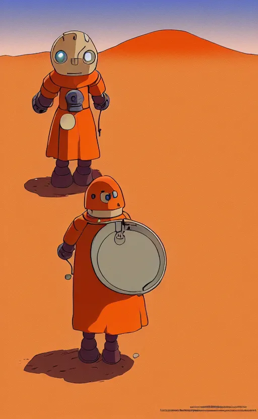 Image similar to a study of cell shaded cartoon of an orange robot monk from howl's moving castle ( 2 0 0 4 ) on a desert road, full body, wide shot, very muted colors, post grunge, studio ghibli, laurie greasley, highly detailed, deviantart, art by artgem