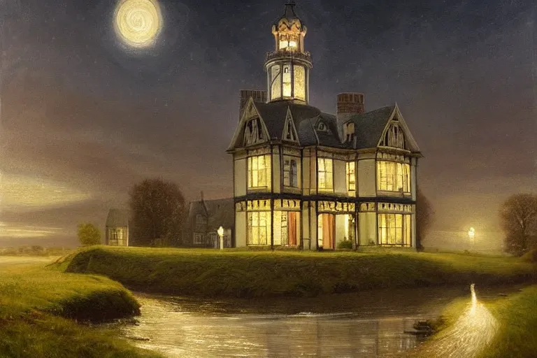 Prompt: a beautiful hyperrealistic painting of a british victorian house with a tower at night, very detailed by andrea kowch and samuel and joseph newsom