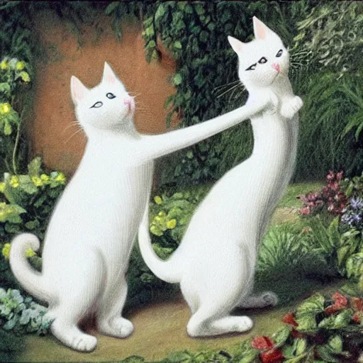 Image similar to 2 cats playing in the garden, one of them is white, by Timothy Burton, Cinematic