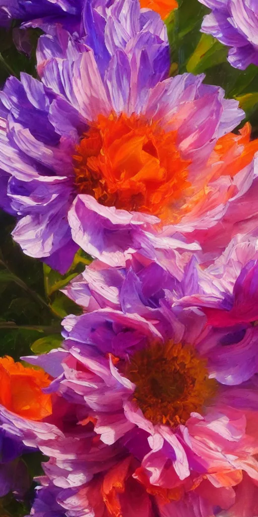 Prompt: a beautiful image of flowers, close up, detail, oil painting, orange, blue & magenta shadows, Jacob van Huysum, very detailed, trending on artstation