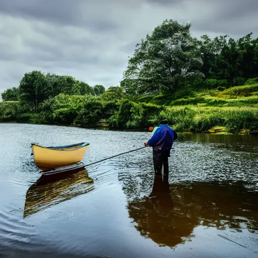 Prompt: photo of fisherman fishing next to the river, 4k, hq, high details, award winning photography