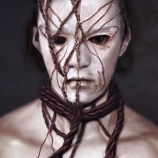 Image similar to portrait of a Shibari rope wrapped face and neck, headshot, insanely nice professional hair style, dramatic hair color, digital painting, of a old 15th century, old cyborg merchant, amber jewels, baroque, ornate clothing, scifi, realistic, hyperdetailed, chiaroscuro, concept art, art by Franz Hals and Jon Foster and Ayami Kojima and Amano and Karol Bak,