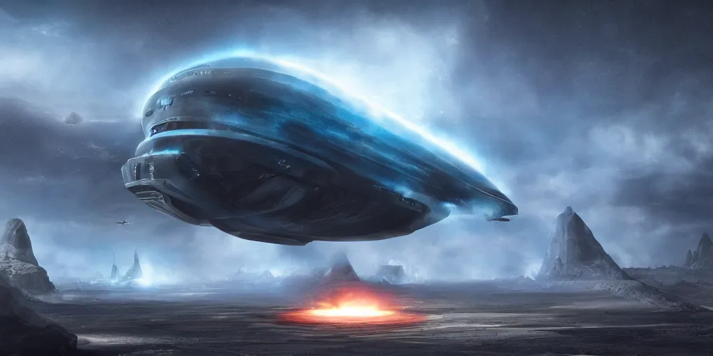 Image similar to giant spaceship lift off from earth, smoke, full of details, dark sci-fi, cold blue colors, matte painting