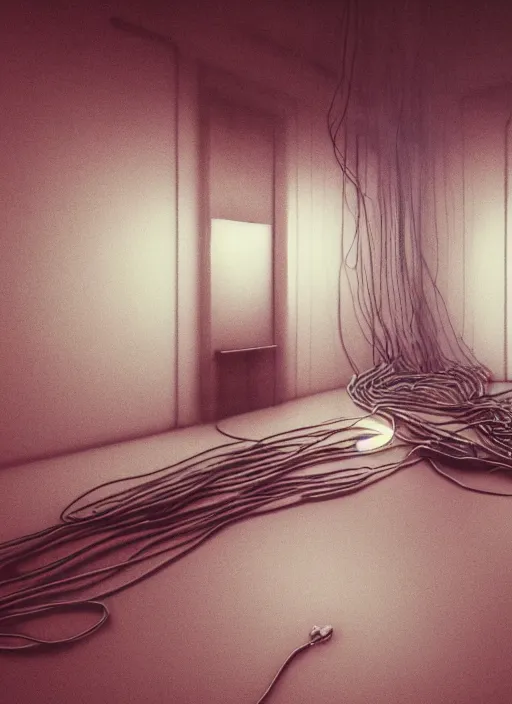 Image similar to rgb wires, empty room, cinematic, movie scene, inspired by zdzislaw beksinski, veins,, cables everywhere, bedroom, ultra realistic, concept art, intricate details, highly detailed, photorealistic, octane render, 8 k