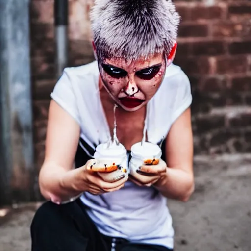 Image similar to close up photo of a fully clothed punk woman on her knees with yoghurt dripping from her face in an alley