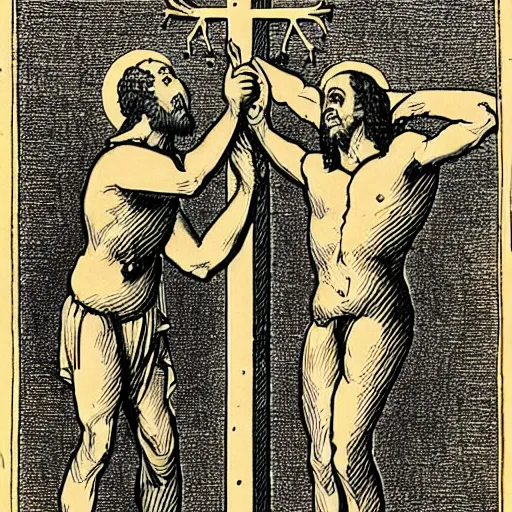 Image similar to an actor crucifies god and satan on an electric cross
