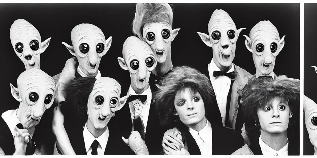 Prompt: six eyed dobby coneheads 1980s pop band, 1980s surrealism aesthetic, detailed facial expressions