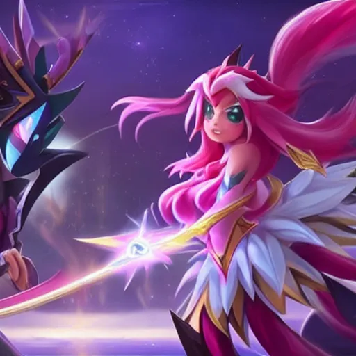 Image similar to star guardian xayah and star guardian kai'sa are friends, league of legends, by weta digital, 3 - dimensional, rays of shimmering light