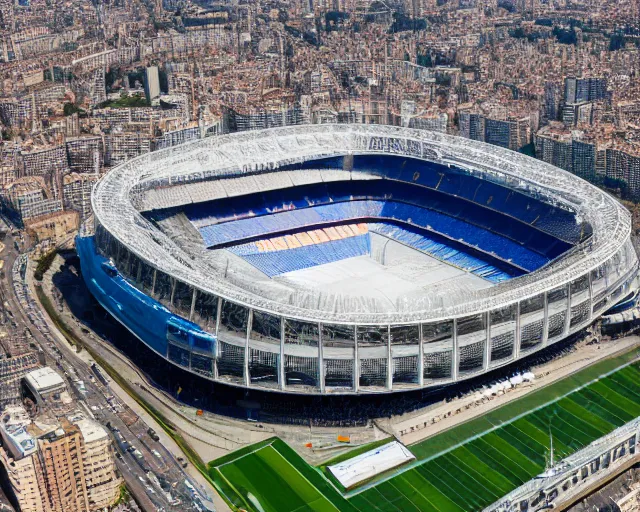 Prompt: 4 k hd, high resolution photograph of santiago bernabeu stadium from above, full colour, shot with sigma f / 4. 2, 2 5 0 mm sharp lens, wide shot, high level texture render