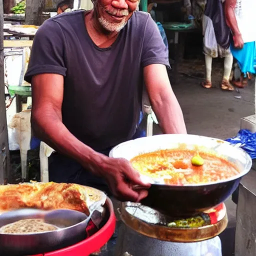 Image similar to morgan freeman as bakso seller