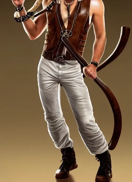 Image similar to a male ranger with a bongo drum and holding nunchaku, wearing a leather vest and white linen pants, chiseled good looks, long swept back blond hair, puka shell necklace, dnd, digital art