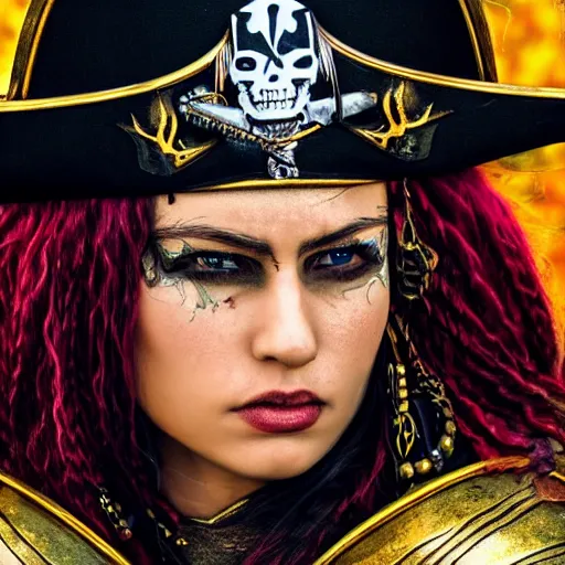 Prompt: beautiful pirate queen with ornate armour, highly detailed, 4k, HDR, smooth, sharp focus, hyper realistic, high resolution, award-winning photo