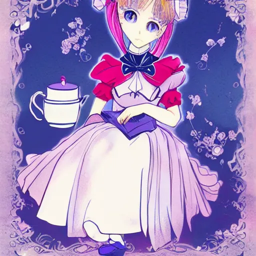 Image similar to Alice in wonderland in the style of shojo manga, Sailor moon, John Singer Sargent, mysterious atmosphere, tea party