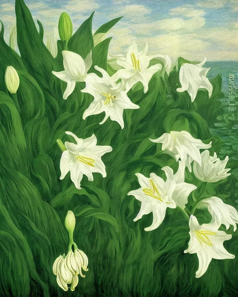 Prompt: achingly beautiful painting of one white lily on green background rene magritte, monet, and turner. piranesi.