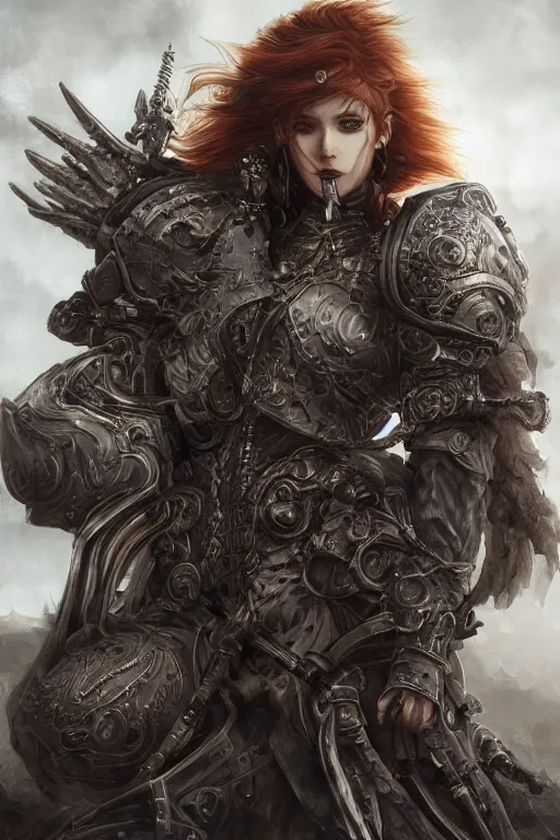 Prompt: ultra realist and ultra intricate detailed soft painting of a beautiful gothic armored female war bear cavalry , thin lustrous long auburn hair, symmetry features, sensual gloomy style, volumetric clouds, cyberpunk background, artstation, unreal render, depth of field