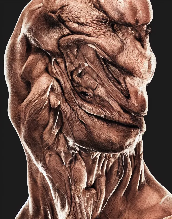 Prompt: closeup portrait of muscular animal human merged head, morphing, merging, anthropomorphic, creature, black background