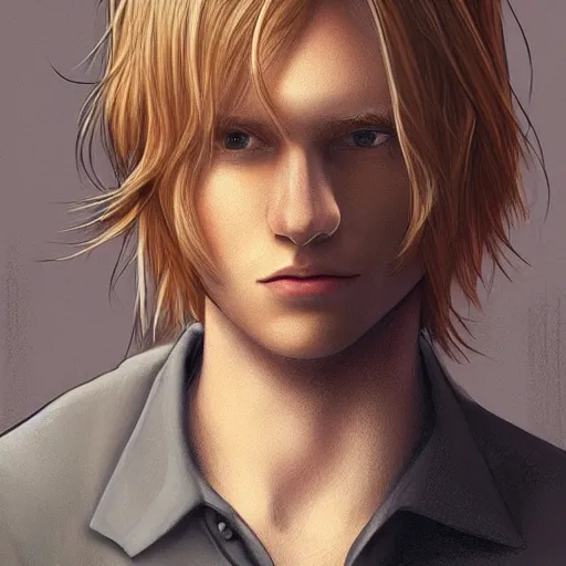 Image similar to a young blond man with long hair wearing a brown shirt, a character portrait by lydia field emmet, trending on cg society, photorealism, wiccan, handsome, ilya kuvshinov