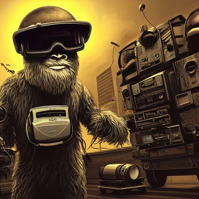 Prompt: a portrait of an anthropomorphic cyberpunk yeti in a motorcycle helmet, detailed render, tape deck, boombox, headphones, epic composition, cybernetics, 4 k realistic, cryengine, realistic shaded lighting, sharp focus, masterpiece, by matteo scalera, gary montalbano, peter elson in the style of the tokyo ghost comic