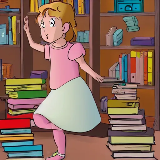 Image similar to A young Matilda using her powers to destroy some bad evil with books around her