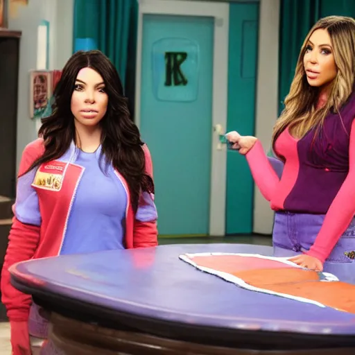 Image similar to Icarly with kim kardashian as Carly, 8k full HD photo, cinematic lighting, anatomically correct, oscar award winning, action filled, correct eye placement,