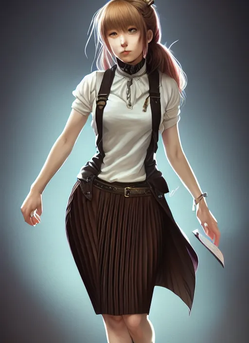 Image similar to portrait of a full body of beautiful young female detective, d & d, sleeveless turtleneck, pleated skirt, fantasy, flat lighting, intricate, highly detailed, digital painting, artstation, concept art, smooth, sharp focus, illustration, misa amane, art by simon bisley and greg rutkowski and alphonse mucha, natural tpose